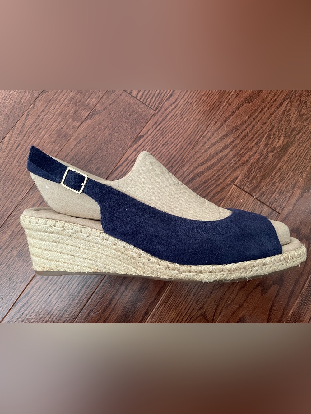 Land’s End Sz 10 Navy Suede Espadrille Wedge Slingback Sandal Open Toe - As New!